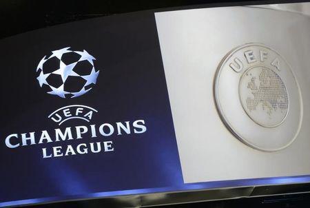 The UEFA Champions League logo is seen during the draw ceremony for the 2013/2014 Champions League soccer competition at Monaco's Grimaldi Forum in Monte-Carlo