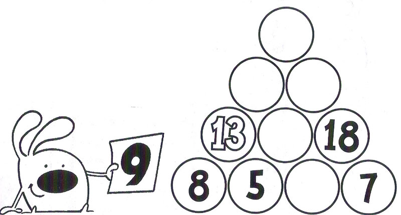 Կրնա՞ս ամբողջացնել թիւերու բուրգը` գիտնալով, թէ իւրաքանչիւր շրջանակի մէջի թիւը հաւասար է անոր տակը գտնուող երկու թիւերու գումարումին: Օրինակի համար` 8+5=13: 